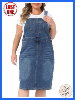 Plus Size Denim Overall Dress Adjustable Strap Pinafore Bib Jean Midi
